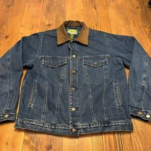 VINTAGE Cabelas Flannel Lined Denim Jean Jacket Mens Medium Leather Collar Blue